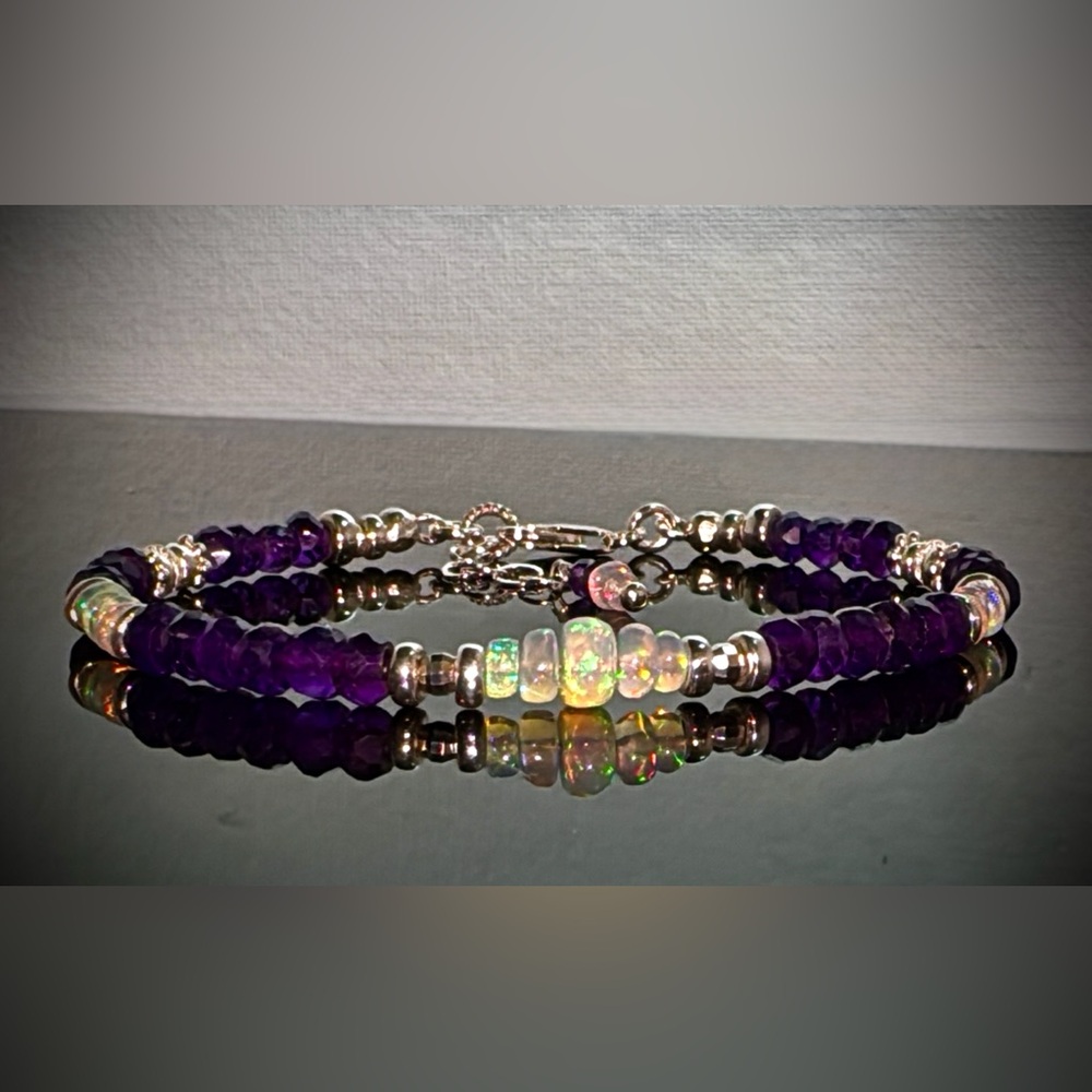Amethyst and  Welo Opal Gemstone Bracelet in Sterling Silver.